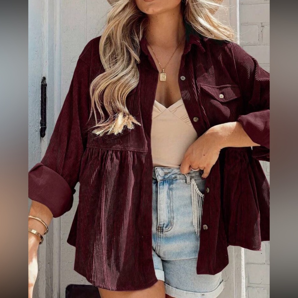 Luxe burgundy corduroy button down jacket top